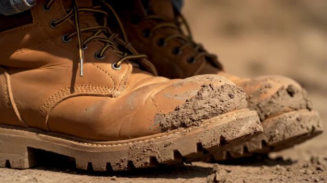 Close-Up of Muddy Work Boots on Ground with Natural Outdoor Background