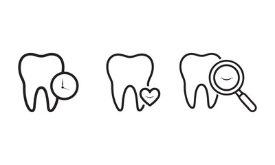 Dental Care Outline Icon Set Tooth with Clock, Heart, Magnifier and Smile Care