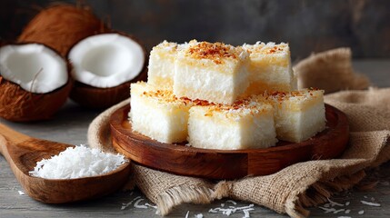 Coconut Vanilla Flavored Cake Squares with Shredded Coconut on Wooden Plate in Rustic Kitchen