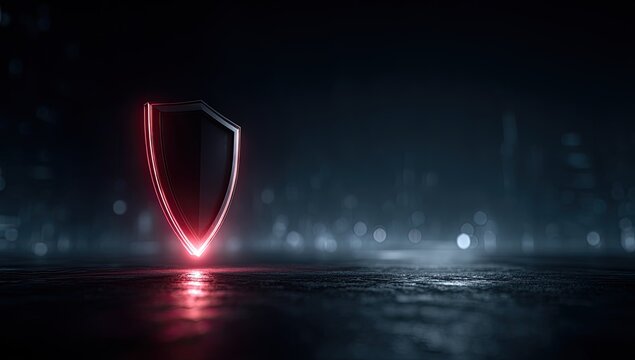 Glowing Digital Security Shield with Illuminated Padlock Symbol Floating Above Dark Reflective Surface with Cityscape Bokeh Lights in Background