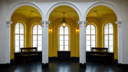 Obraz premium Classic arched interior with yellow walls and vintage wooden benches