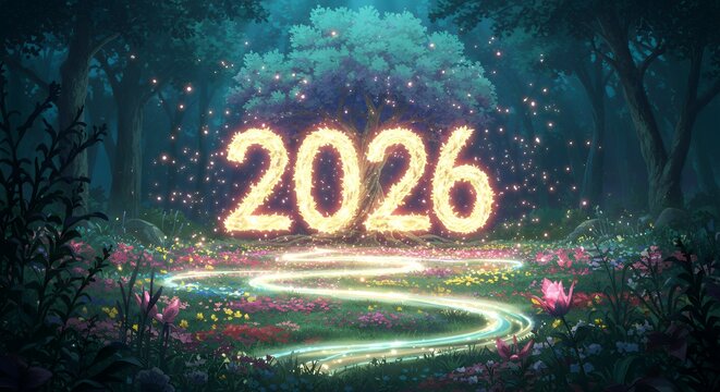 Magical 2026 Beginning: Glowing Numbers in an Enchanted Forest with Fairy Lights and Fantasy Stream