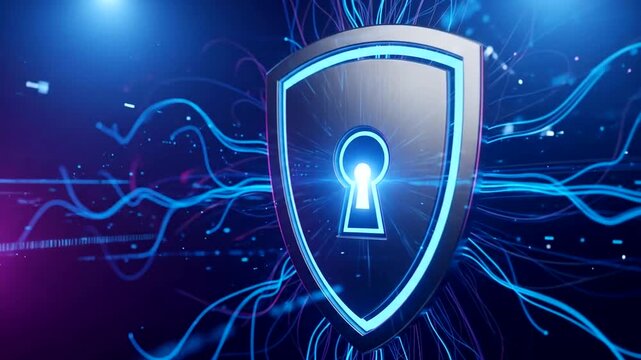Futuristic shield with keyhole surrounded by digital lines in a tech setting