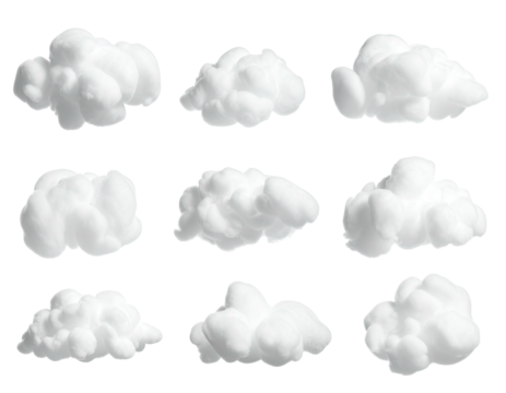 Nine fluffy, three-dimensional renderings of white clouds, isolated against a transparent background