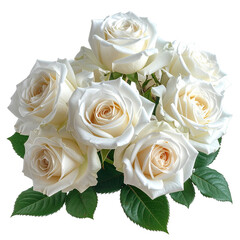 A cluster of pristine white roses, captured with lush green leaves on a black background