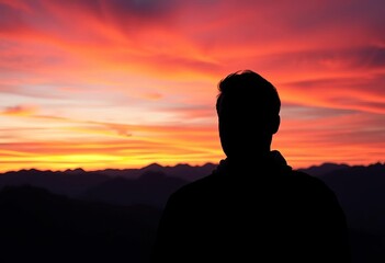Fototapeta premium Dark figure against vibrant mountain range at sunset, freedom, majestic
