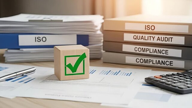 ISO compliance and quality audit document with green check