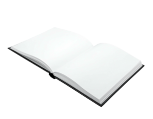 An open book with blank white pages against a black background