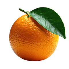 Vivid, close-up view of a perfectly ripe citrus fruit, complete with stem and vibrant green leaf