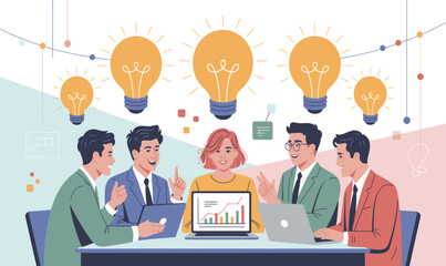 Dynamic team brainstorming innovative solutions during collaborative meetings, generating exciting ideas for business growth, and celebrating success with data analysis