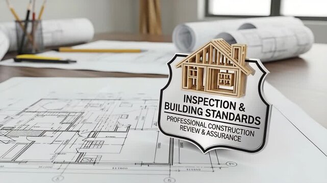 Inspection and building standards badge on house blueprint