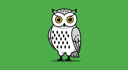 Obraz premium Cartoon owl with big eyes and white feathers on green background