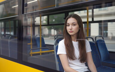 A young woman with long brown hair, wearing a white t-shirt, sits on a bus and looks directly at the viewer, with city buildings visible through the windows