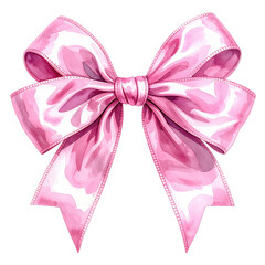 A watercolor rendering of a perfectly tied pink bow, edges outlined, against a transparent background