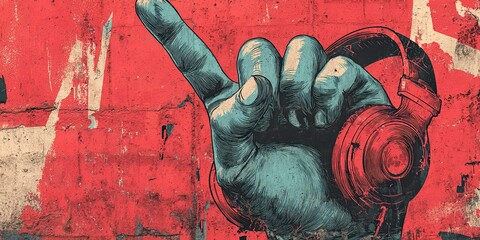 Graffiti Style Hand with Headphones on Red Brick Wall Urban Art Scene