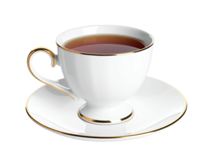 An elegant, white porcelain teacup filled with tea sits on a matching saucer