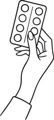 Minimal line art hand holding blister pack of pills