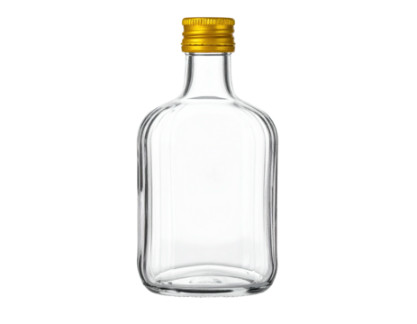 Empty, clear, rectangular bottle with a small neck and a golden cap, isolated
