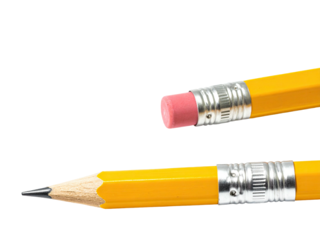 Two yellow wooden writing instruments, one sharpened and the other with the eraser visible