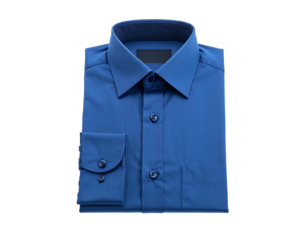 Top-down view of a neatly folded, solid blue dress shirt on a black background