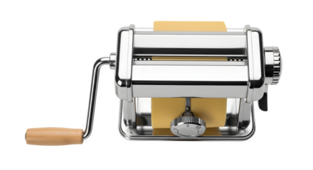 Pasta machine with fresh pasta sheet, a kitchen appliance used for making homemade pasta, offering control over ingredients and thickness, isolated on transparent background
