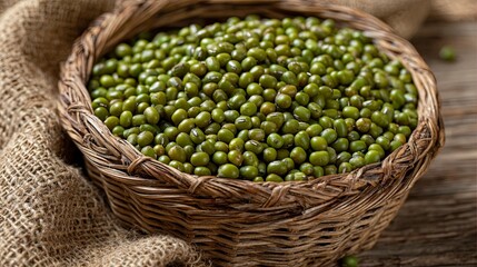 Fresh Green Mung Beans in Wicker Basket on Rustic Wooden Surface