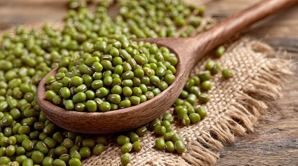 Fresh Green Mung Beans in Wooden Spoon on Rustic Burlap and Wooden Surface