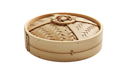 A bamboo steamer with lid isolated on transparent background, used for cooking dim sum and other asian cuisine