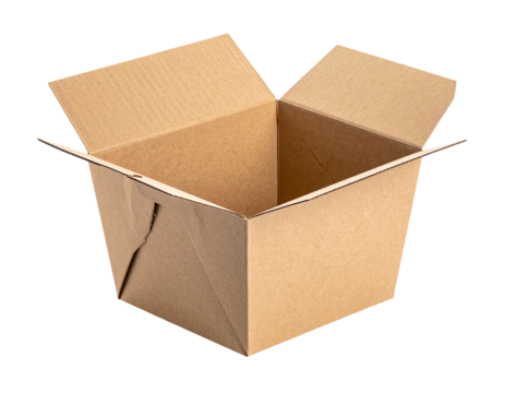 Brown open cardboard box against a black background, perspective shot, folds visible