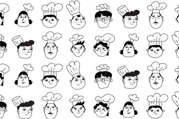 Obraz premium Playful seamless pattern with different cooks and chefs, drawn in retro comic style. Ideal for restaurant menus, takeaway paper, and culinary posters.