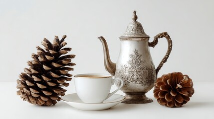 Vintage Silver Teapot with White Cup and Saucer Surrounded by Pinecones on White Background