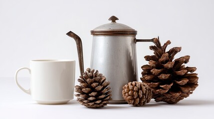 White Ceramic Mug Metal Teapot Pinecones Minimalist Still Life in Neutral Tones