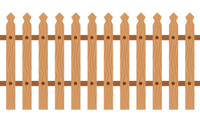 Realistic vector illustration of a picket fence with light brown wooden planks and detailed wood grain texture. Continuous border representing a garden, boundary, or home security. Isolated on white.