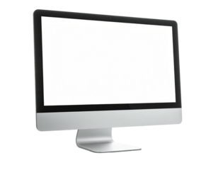 A modern desktop computer with a bright, blank screen, against a black background