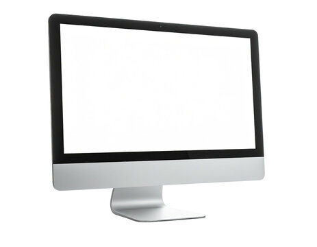 A modern desktop computer with a bright, blank screen, against a black background