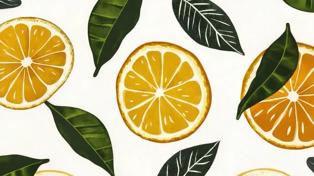 A pattern of oranges and leaves on a white background
