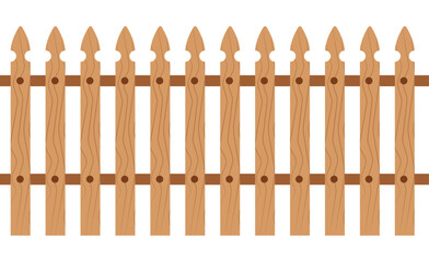 Realistic vector illustration of a picket fence with light brown wooden planks and detailed wood grain texture. Continuous border representing a garden, boundary, or home security. Isolated on white.
