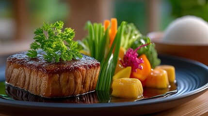 Perfectly seared steak with colorful fresh vegetables and herbaceous garnish