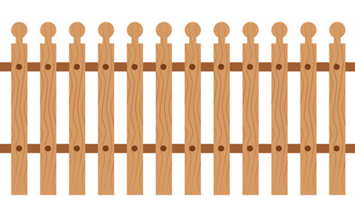 Realistic vector illustration of a picket fence with light brown wooden planks and detailed wood grain texture. Continuous border representing a garden, boundary, or home security. Isolated on white.