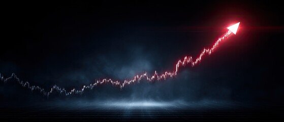 Glowing Red Upward Trend Arrow Chart with Smoke Against Dark Background