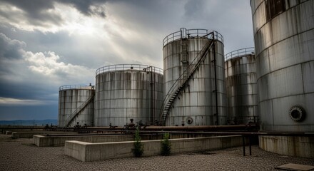Obraz premium Industrial storage tanks under dramatic sky highlighting energy and infrastructure