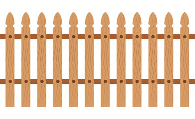 Minimalist wooden picket fence vector with light/dark brown planks, horizontal rail, and simple wood grain. Round holes, plain white background. Flat design, children's illustration style.	