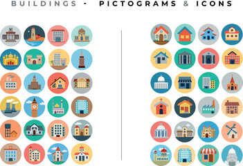 Buildings Pictograms and Icons Set Featuring City Landmarks and Round Badge Illustrations for Stock Images