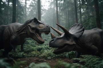 Dinosaurs clash in a dense forest battle between a fearsome predator and armored herbivore