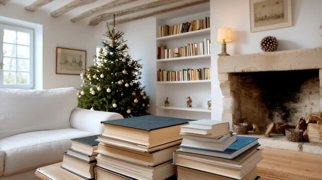 Cozy living room scene with a stack of books on a wooden table, adorned with a Christmas tree and a warm fireplace, showcasing a gradual zoom in on the inviting atmosphere and decor details