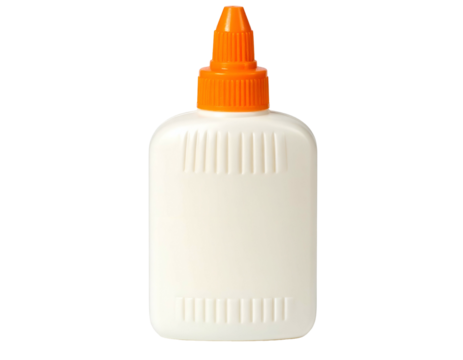 Isolated, white glue bottle with orange top, standing upright, ready for craft projects
