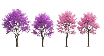 Four flowering trees purple and pink on transparent background