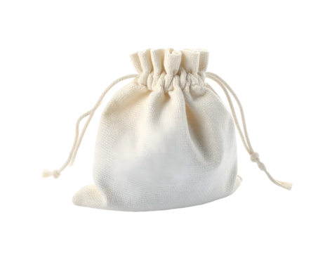Off-white drawstring bag, tightly gathered at the top, against a black background