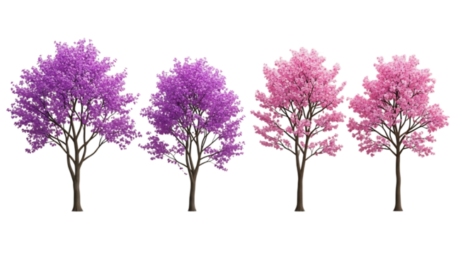 Four flowering trees purple and pink on transparent background - Powered by Adobe