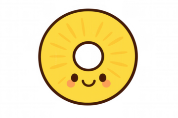 Cute smiling pineapple slice cartoon character, happy fruit ring expressing cheerfulness, transparent background